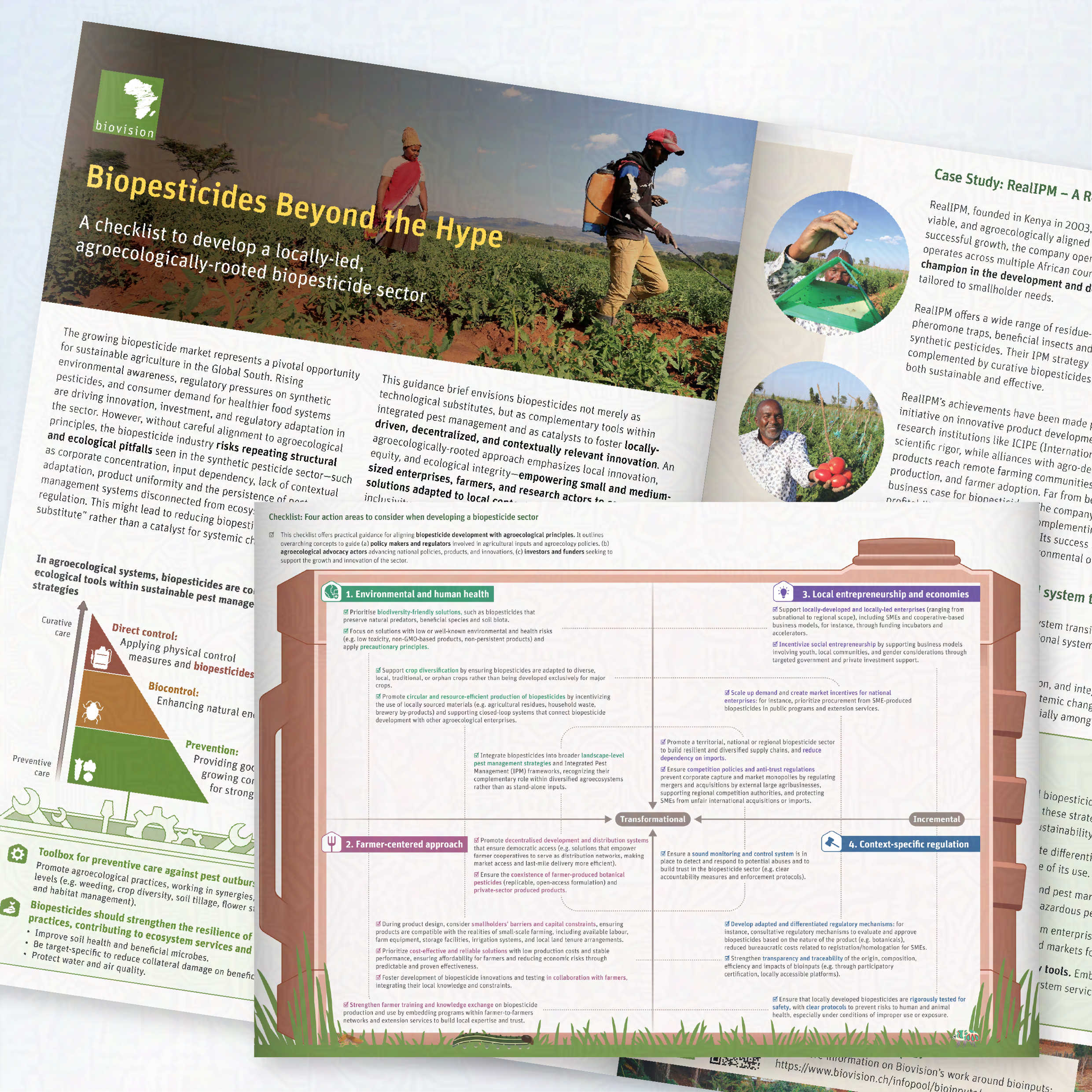 Page layout for BioVision on Agroecology. The main page features a nested informational graph inside a fertiliser can. 
