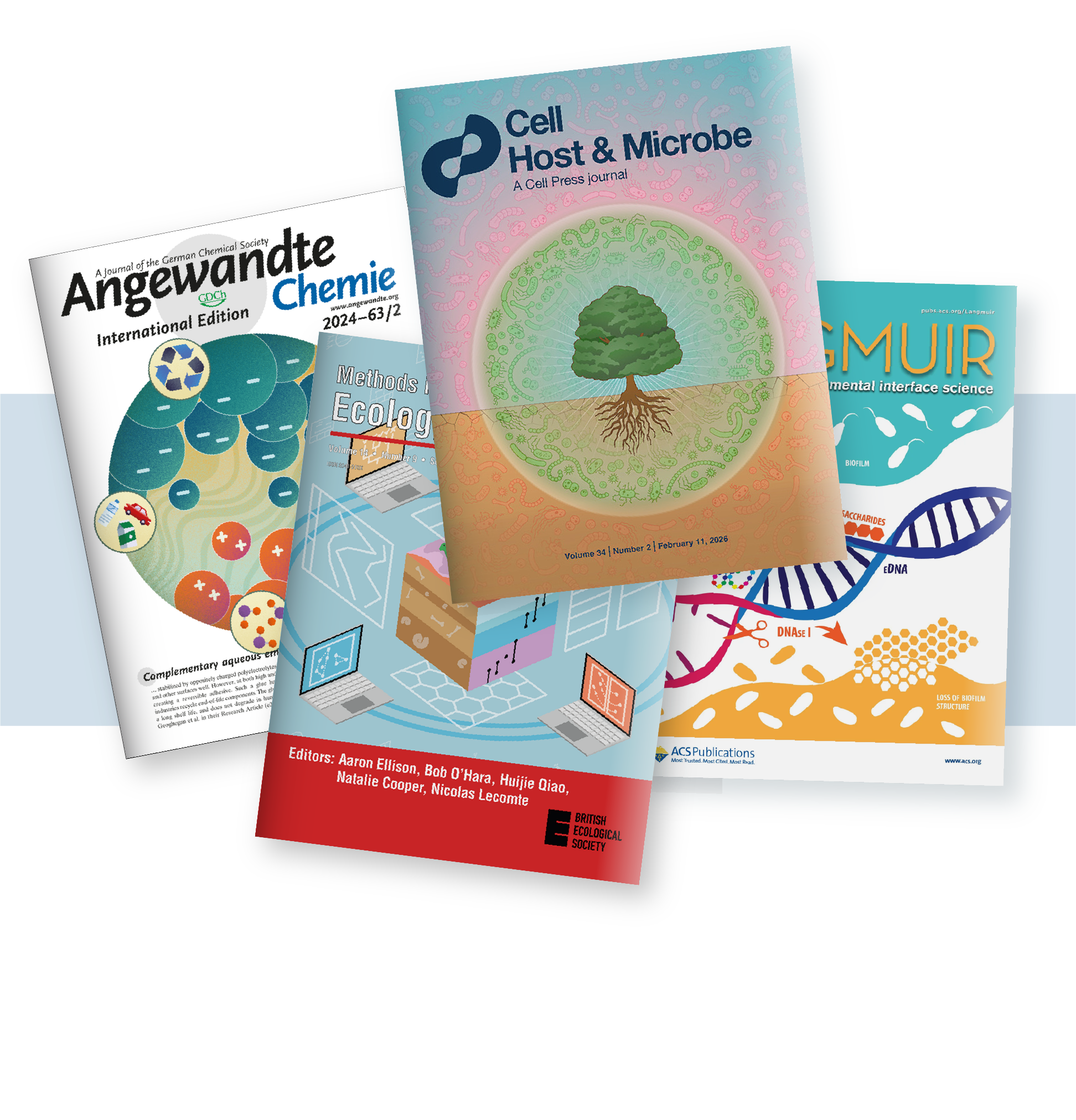 Cover of the journal 'Cell Host & Microbe' featuring a green tree with roots and surrounding microorganisms, and a cover of 'LANGM' journal with DNA and protein illustrations in the background.