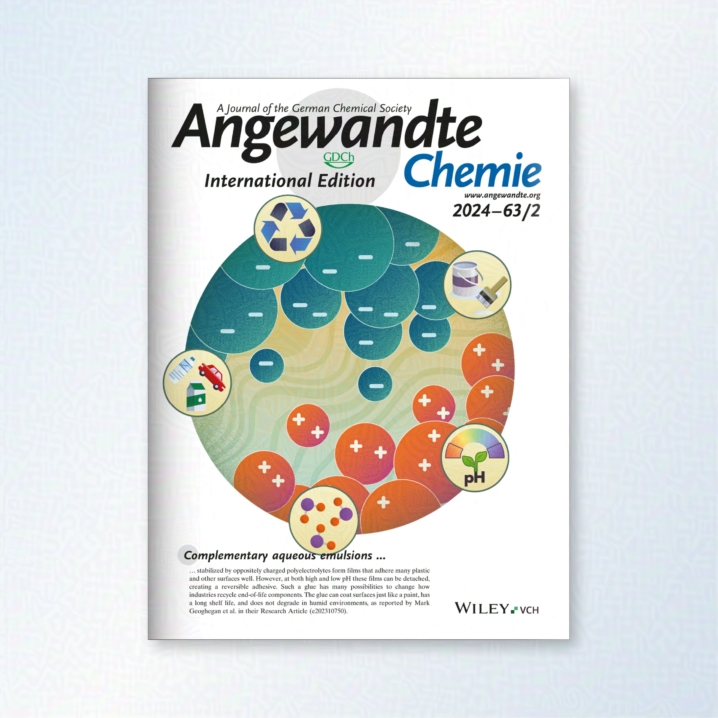 Angewandte Chemie journal cover. A circle contains a mass of positive and negative ions diagonal to each other. Other smaller circles are scattered around with icons for recycling, painting, chemicals, pH, and rubbish are shown. 