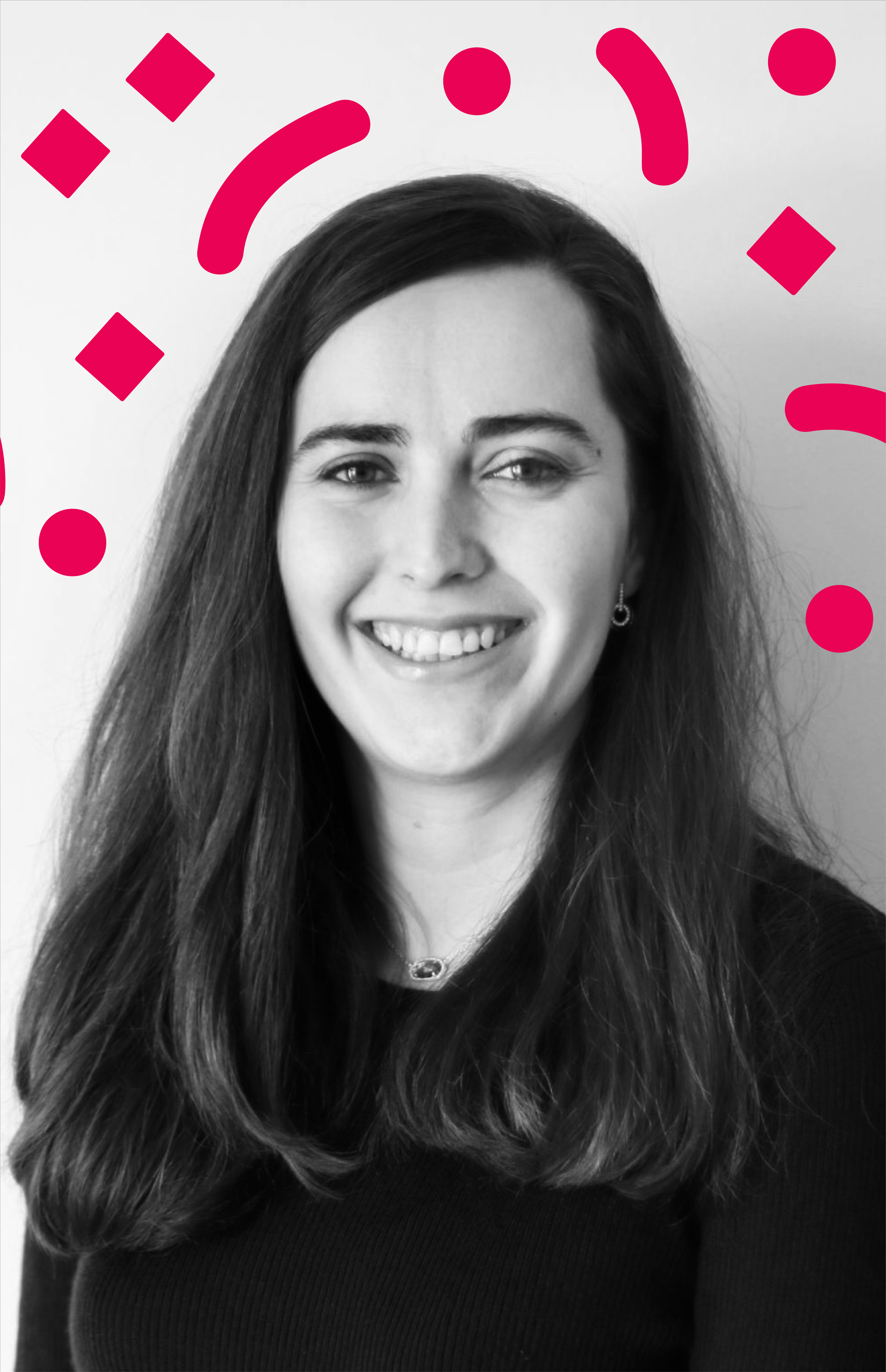 Black and white photo of Melisa with pink confetti surrounding her