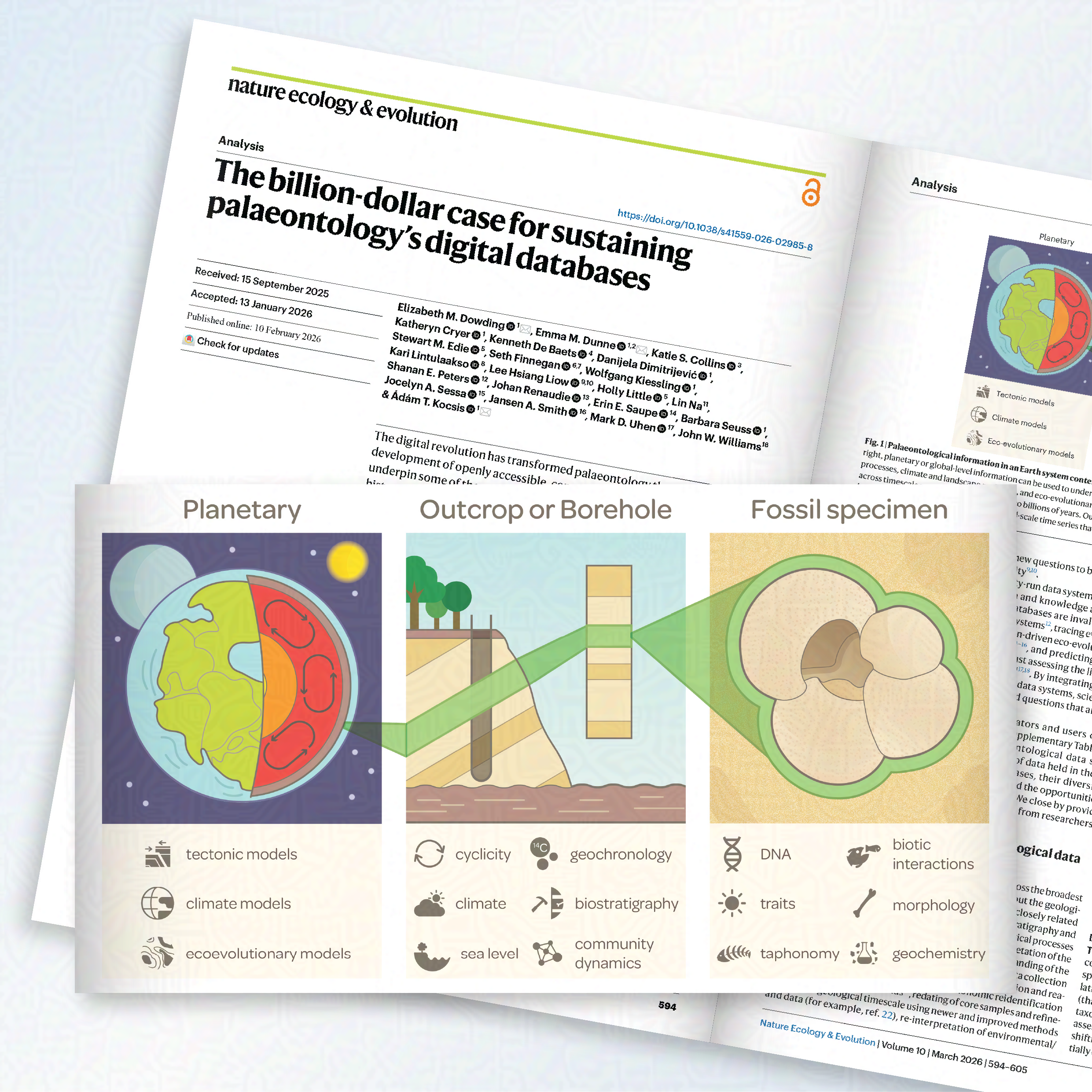 A 3 panel figure showing the relationship between fossil specimens, outcrop/borehole data, and planetary models through bold illustrations. A green highlight connects all three together.