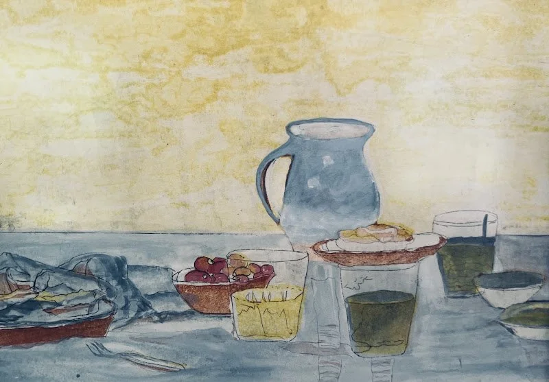 Olwen Dowling, Intaglio copper etching. “Afternoon Lunch” is a two plate intaglio copper etching . It is a still life work. Olwen works in printmaking , watercolors and oil. Recently her focus has been printmaking in many different forms . 
Olwen O’H