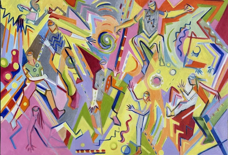 Joan L. Davidson, Oil on canvas. Hip Hop originated in the African American economically depressed South Bronx in New York City in the late seventies.  My reference for the expressive gestures and rhythms was a Dorrance Dance Production at Jacobs Pil