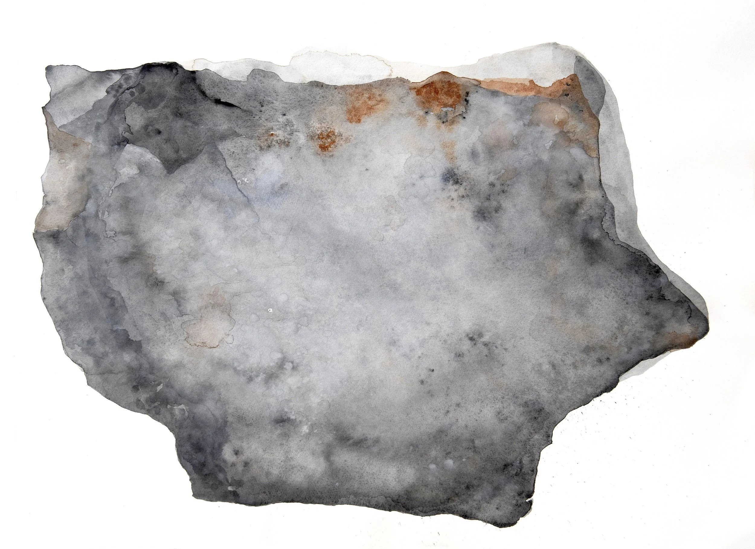 Catherine Lipsetz Dauer: In my ongoing exploration of time’s marks, pace and passage I began painting works on paper in 2015 of rocks on our property in rural Western Massachusetts, finding them to not be inscrutable and static as typically perceived