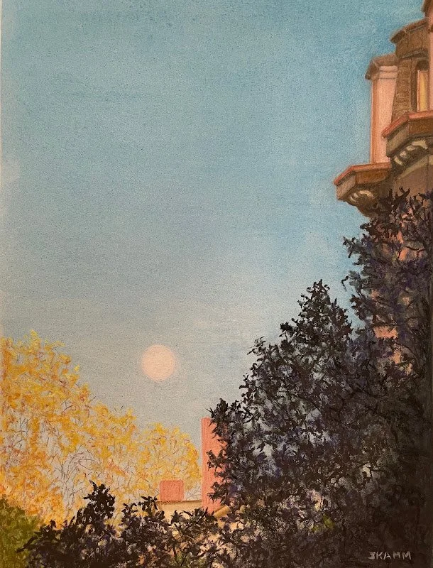 Judith Kamm, Chalk Pastel. Painting is Kamm's second career and challenges her to keep learning and trying new subjects, media, and styles. "Scapes," including land-, garden- and sky-, based on photographs she takes with her Iphone, are favorite subj
