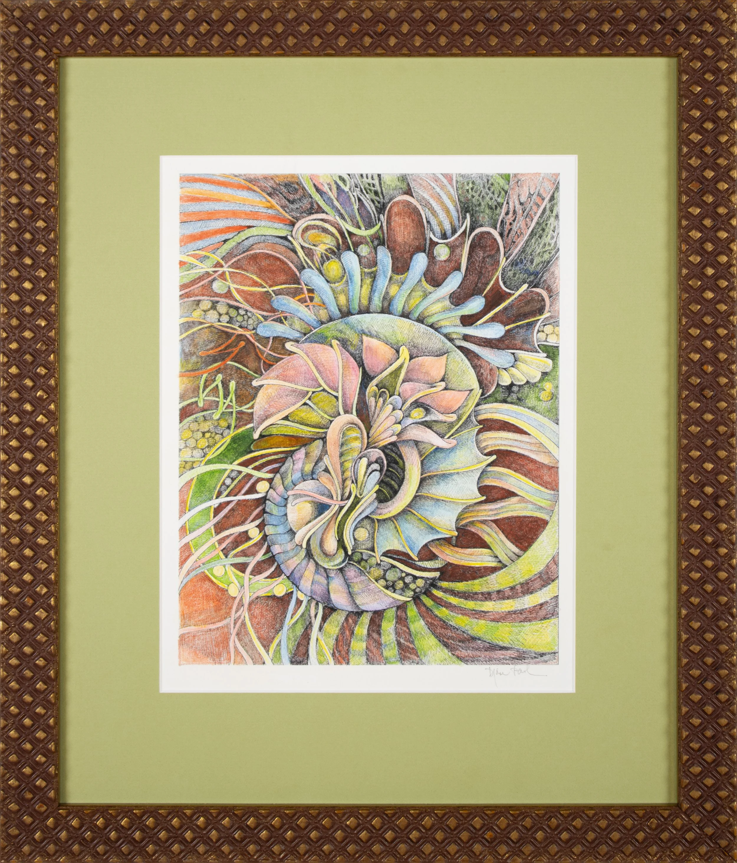 Diane Pearl: Inspired by my father who was a photo realist painter, this series is an exploration of dynamic cross-hatching to create 3-dimensional mythic worlds and imaginary places. Using a variety of mediums including colored pencils, pen and ink,