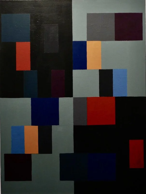 Jay Tobin, acrylic on canvas. My abstract work investigates the convergence of sensory observation, memory and the subconscious, translating these fluid states into unified compositions of shape and color.  I approach the canvas not as a static surfa