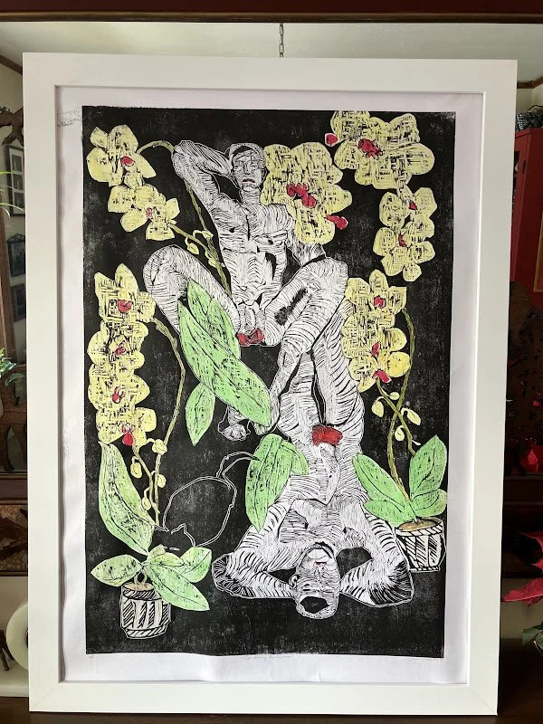 Joan Rooks, Reduction woodblock print, ink. During a figure drawing session the model’s pet cat wandered in to pose with them. I imagined that the cat was attempting to hide behind the orchids.