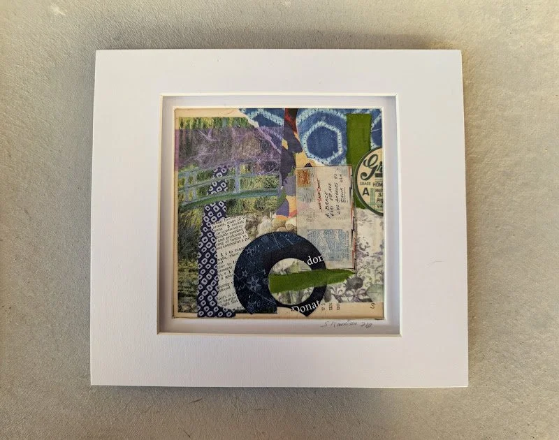 Sally Baumer, Mixed media, collage. It is typically COLOR for me that begins a new piece.  As a collage-artist,
a chosen starter - often a scrap - will suggest a palette path.
After a (often neutral toned) foundation is begun upon the chosen substrat