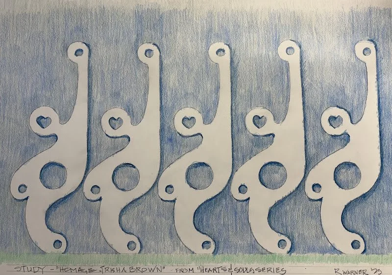 Raynor Warner, colored pencil on paper. Due to a terminal lung condition,  I  am now creating my sculptures with computer-aided cutting machines. The “Hearts and Souls” series consists of more than 100 pieces and groupings reflecting a theme of love 