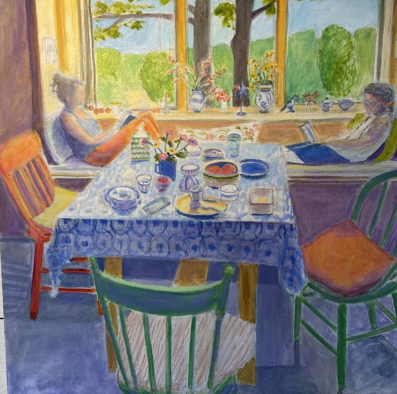Susan Colgan, oil on canvas. It is the color in my world and how the light falls, it is the interior, looking across a room, over the kitchen table or the garden, through the windows, that quickens my senses. Sometimes these ingredients might coalesc