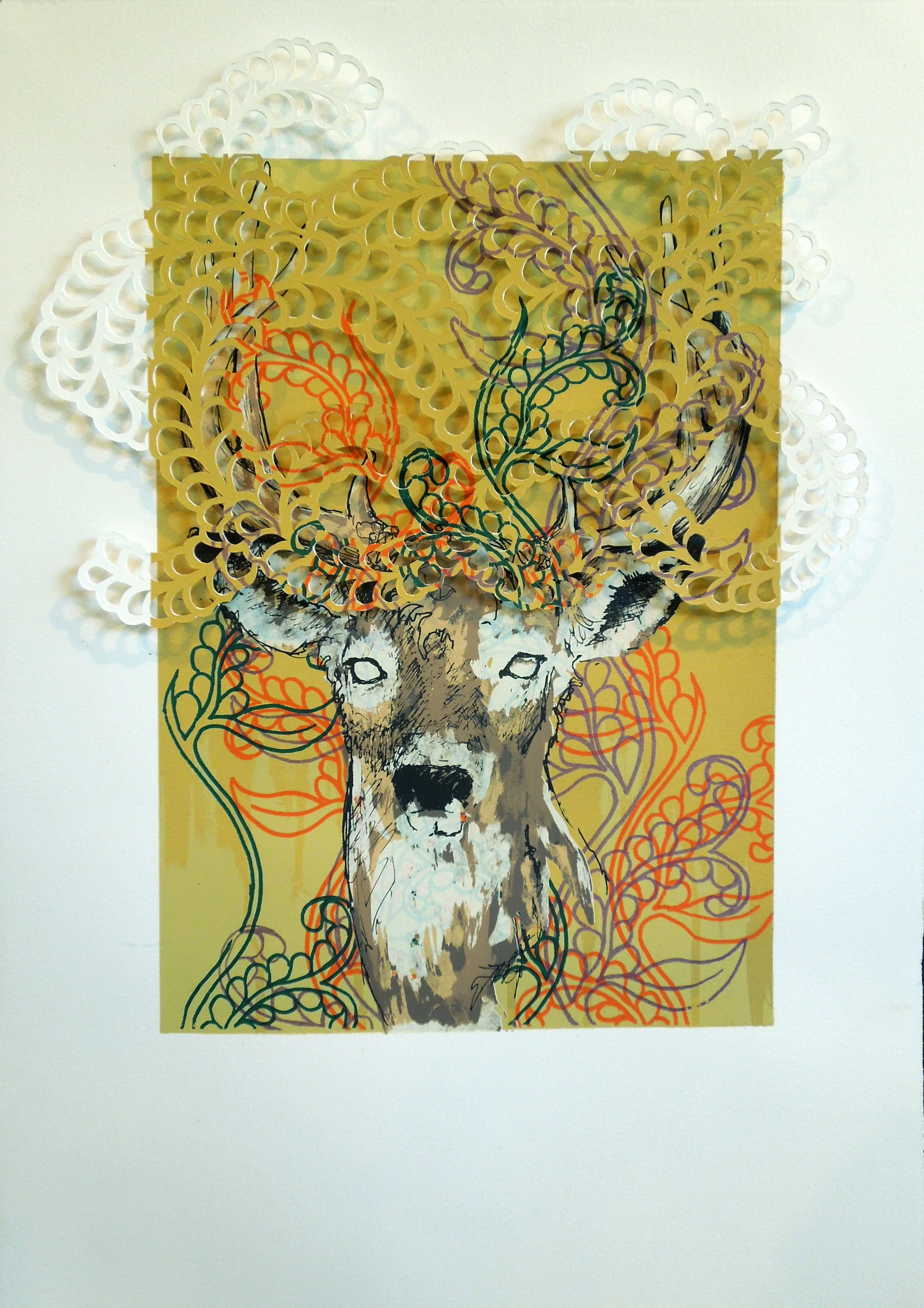 Jodi Hoover: Inspired by tunnel book structures, my most recent screen prints include dimensional elements that integrate into print even as they are lifted off the physical surface. The creation of shallow space as part of the work has carried over 