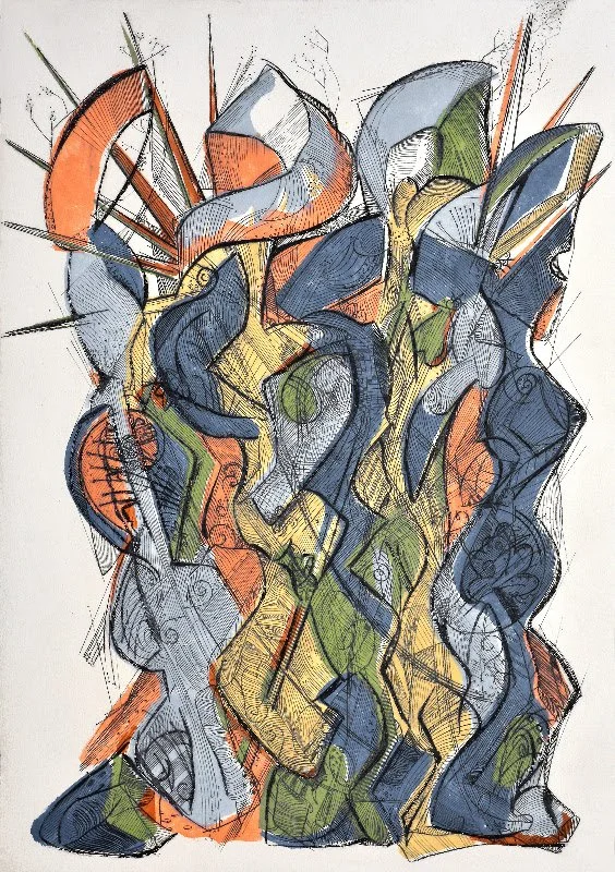 Mark Millstein, drypoint and engraving intaglio print. My prints juxtapose organic forms with the geometry and textures of the industrial world, reflecting my enduring fascination with the relationship between nature and the built environment. Using 