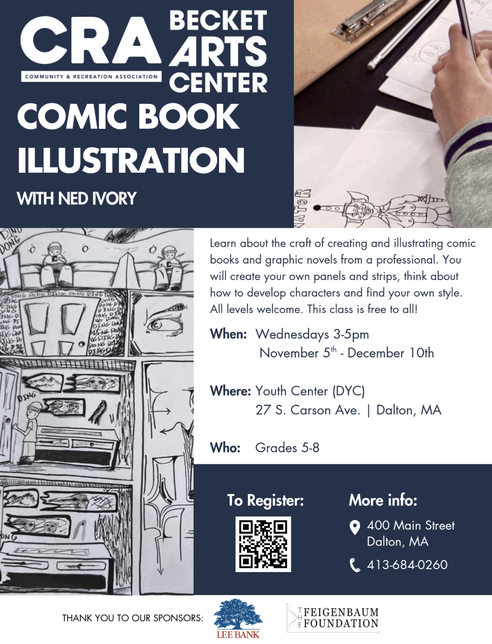 Flyer for a comic book illustration class at the Becket Arts Center. Includes a black-and-white comic strip drawing with characters and scenes, and details about the class, location, dates, and registration info.