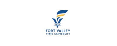 Fort Valley State University logo featuring a blue and yellow flame and a stylized Greek column