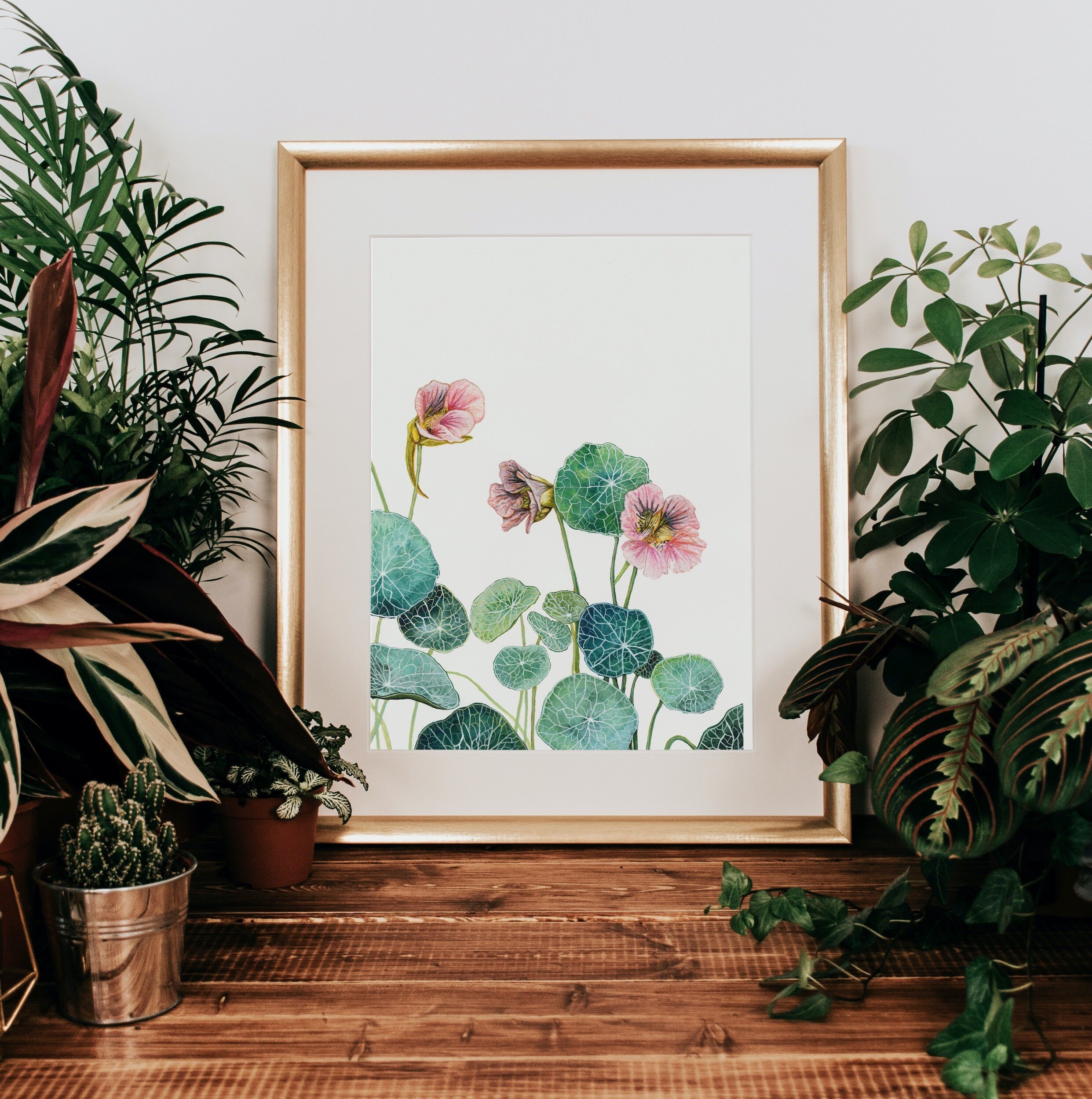 watercolor garden art print framed, pink nasturtiums