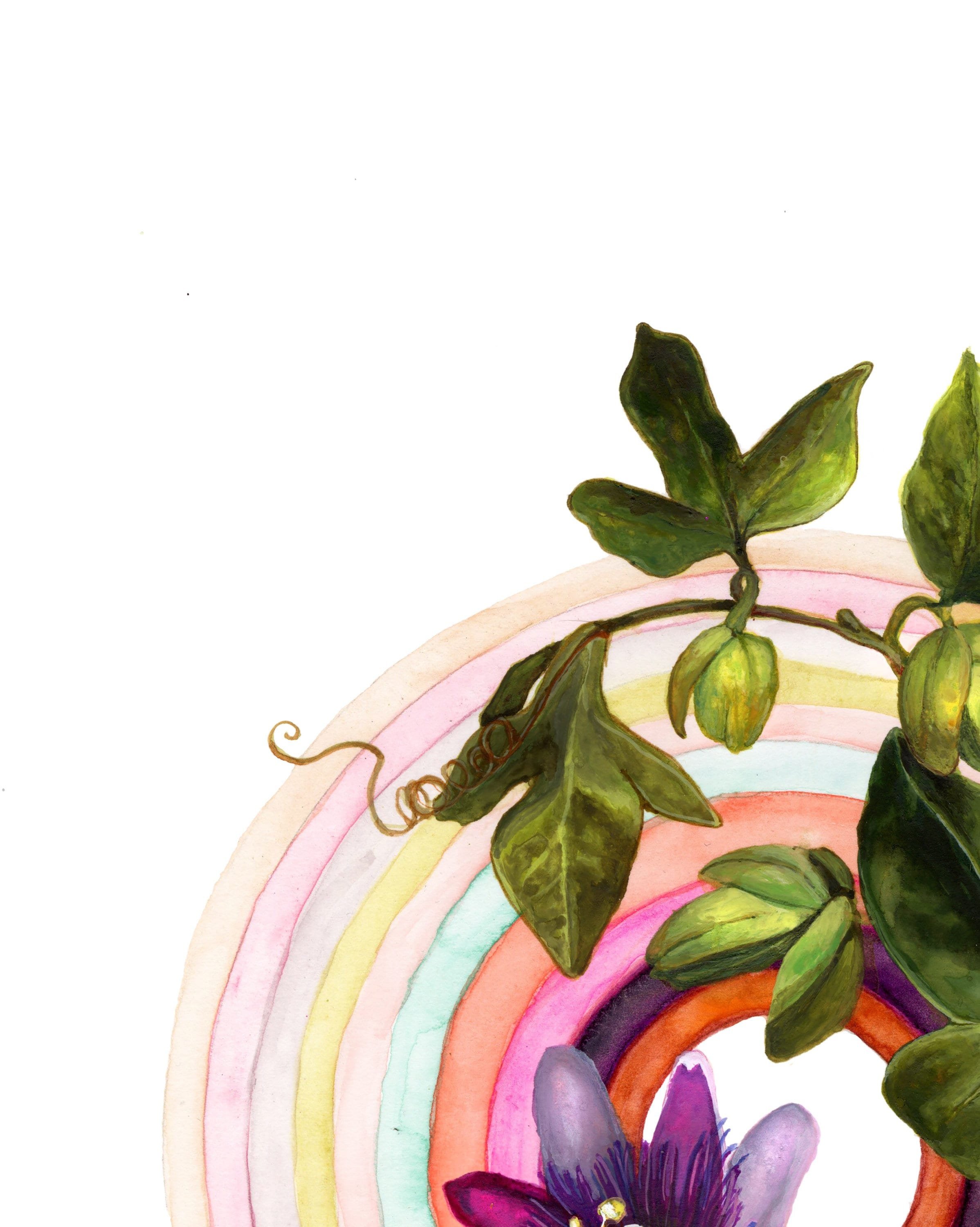 detailed view of floral watercolor art with rainbows and purple flower