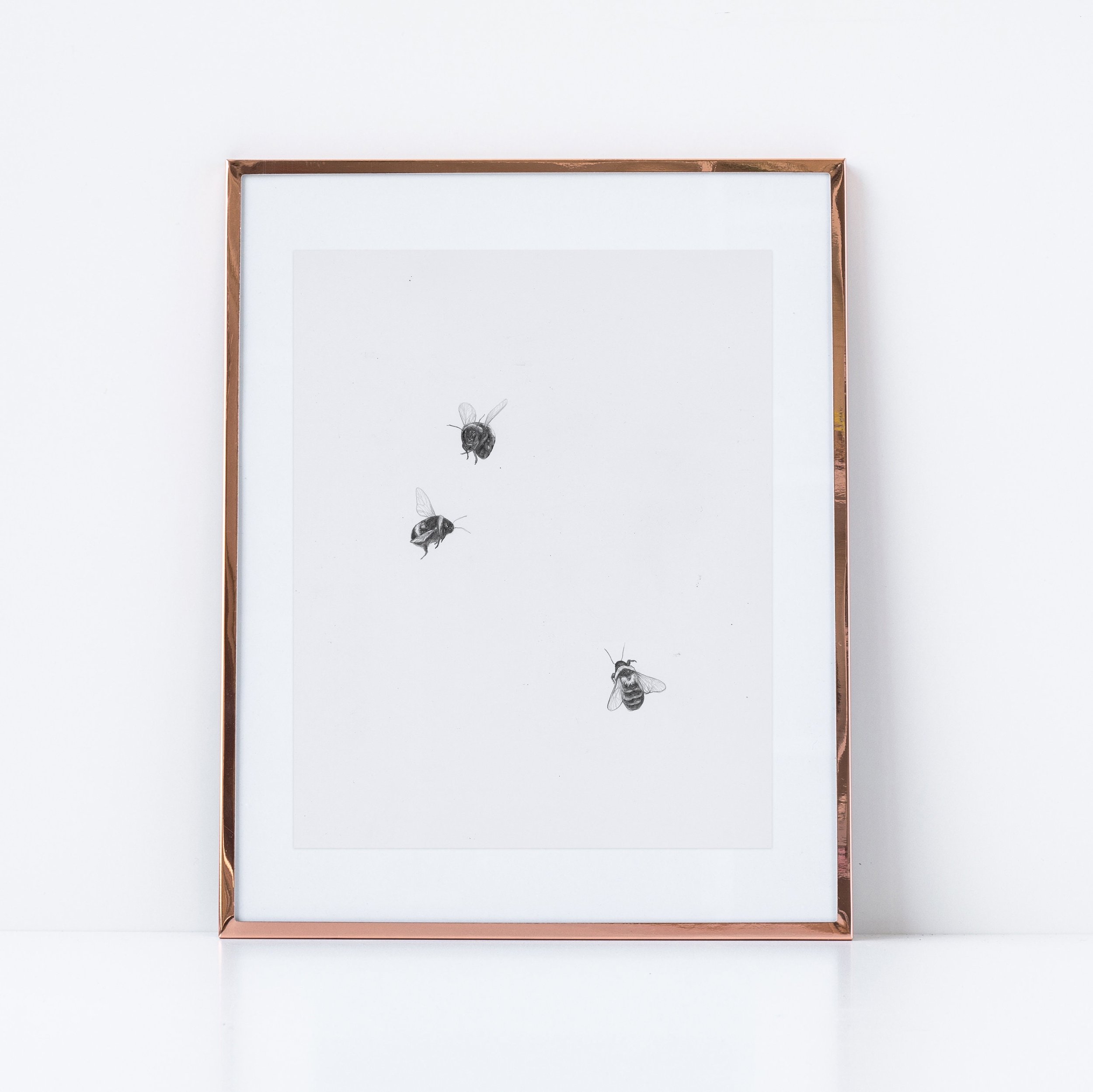 minimalist art print of three bumble bees