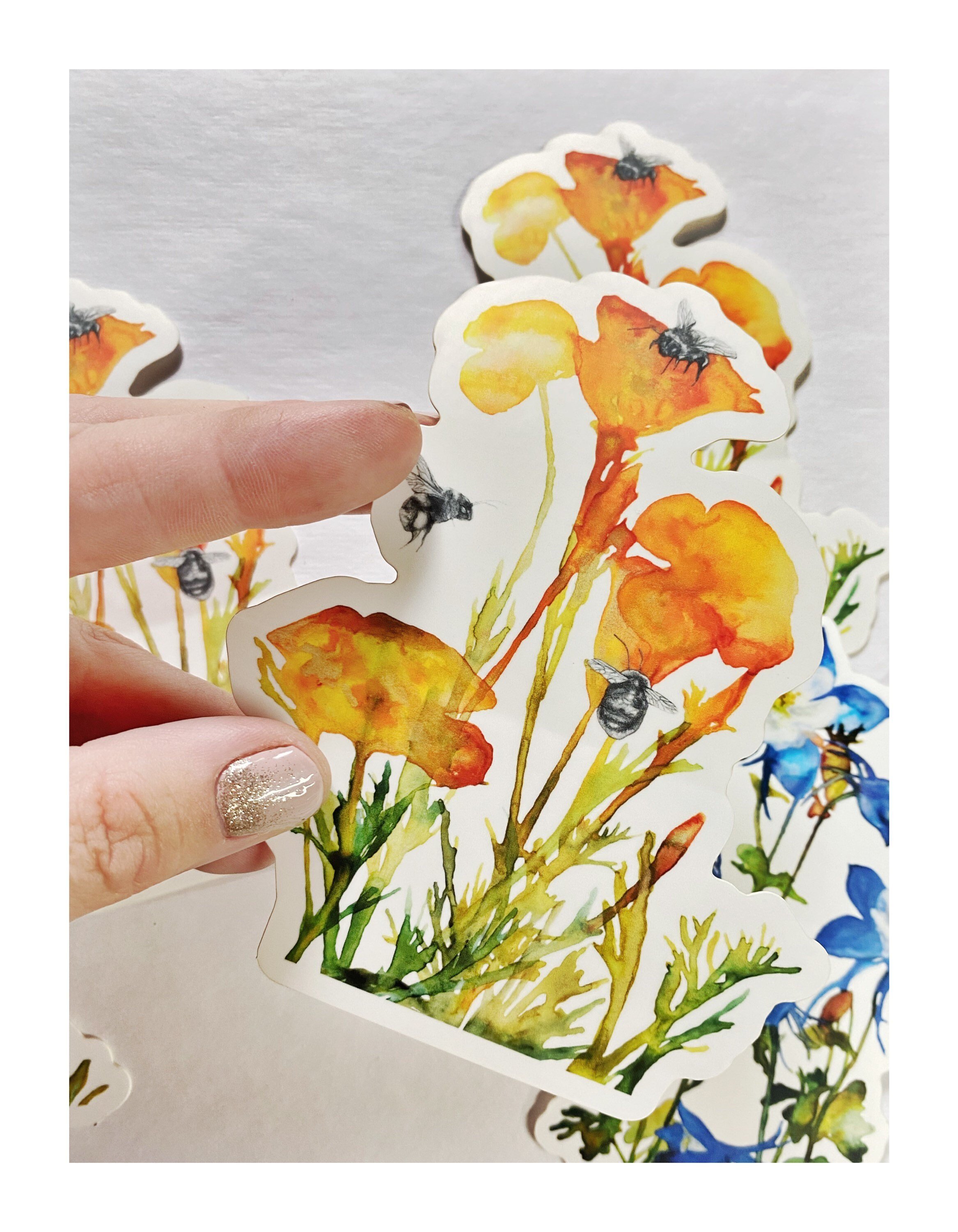 orange poppy watercolor sticker, UV resistant and waterproof