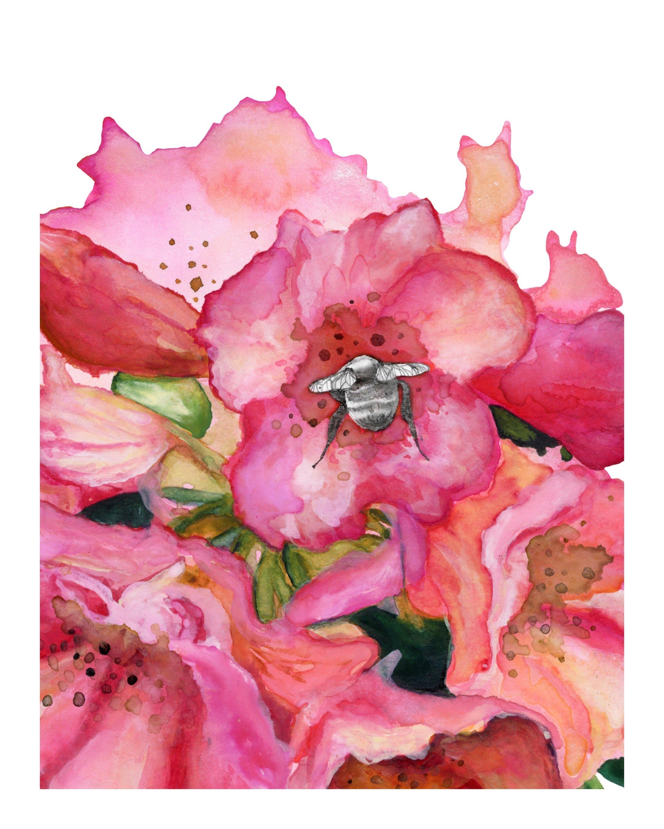detailed view of pink floral watercolor painting with bumble bee