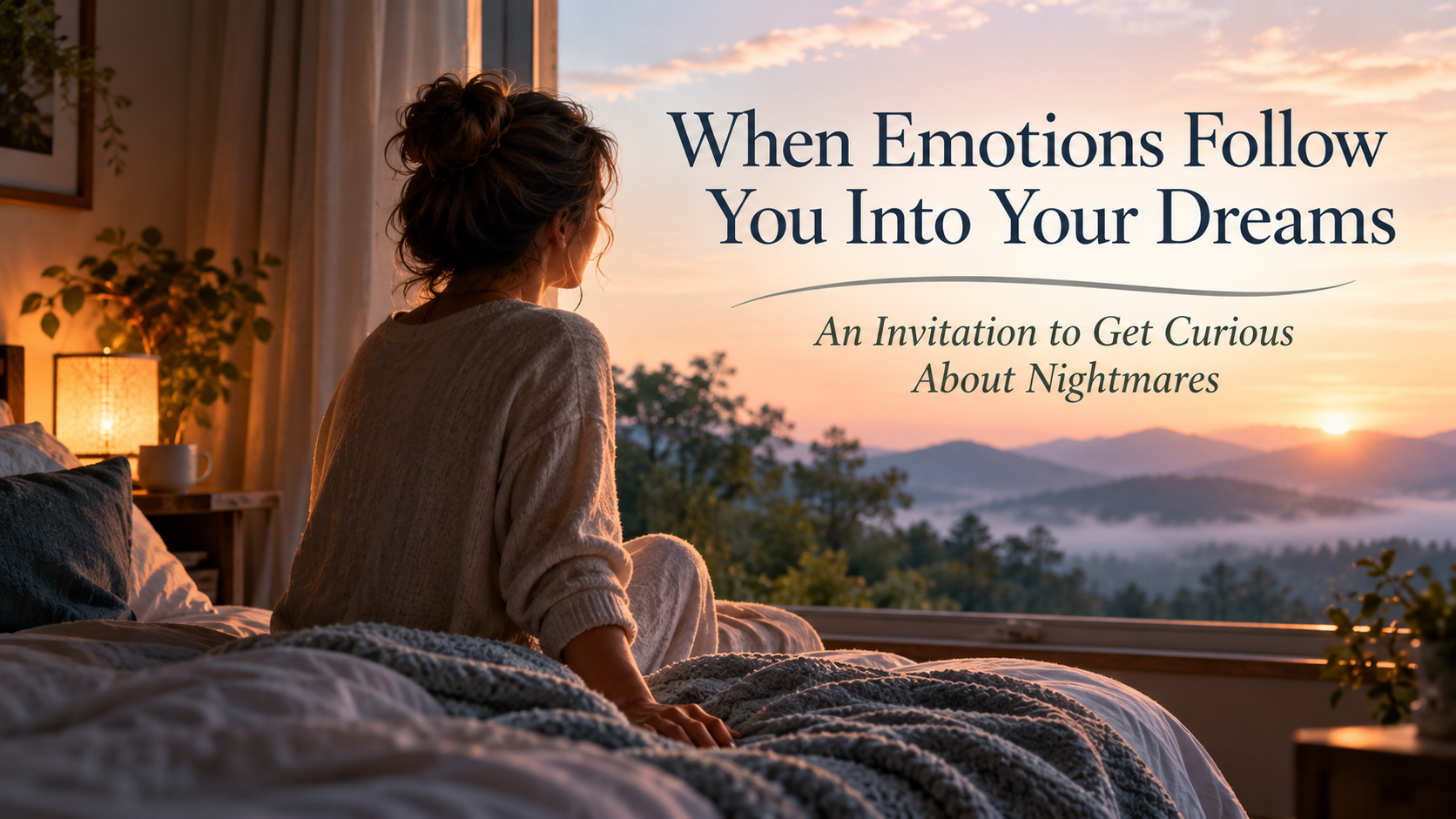 Woman sitting on the edge of her bed in soft morning light with North Carolina mountains outside, grounding herself after a nightmare.