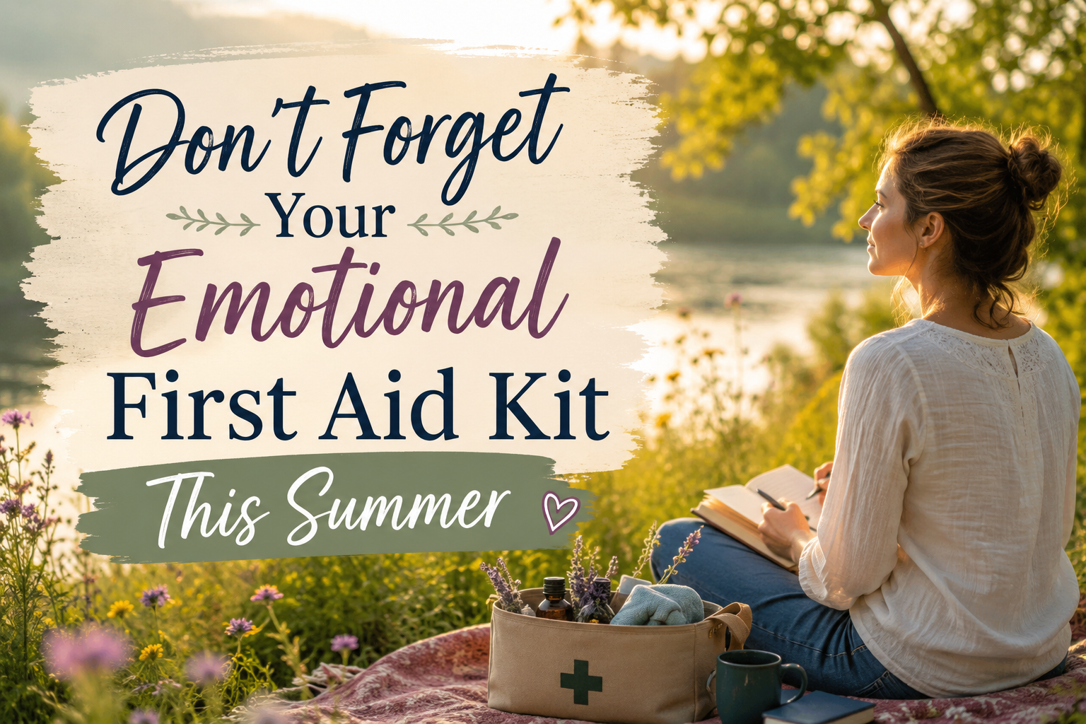 ADHD woman after EMDR therapy in North Carolina writing out her summer boundary adjustments with her emotional first aid tool kit of lavender essential oils sitting on a blanket overlooking a pond outdoors.
