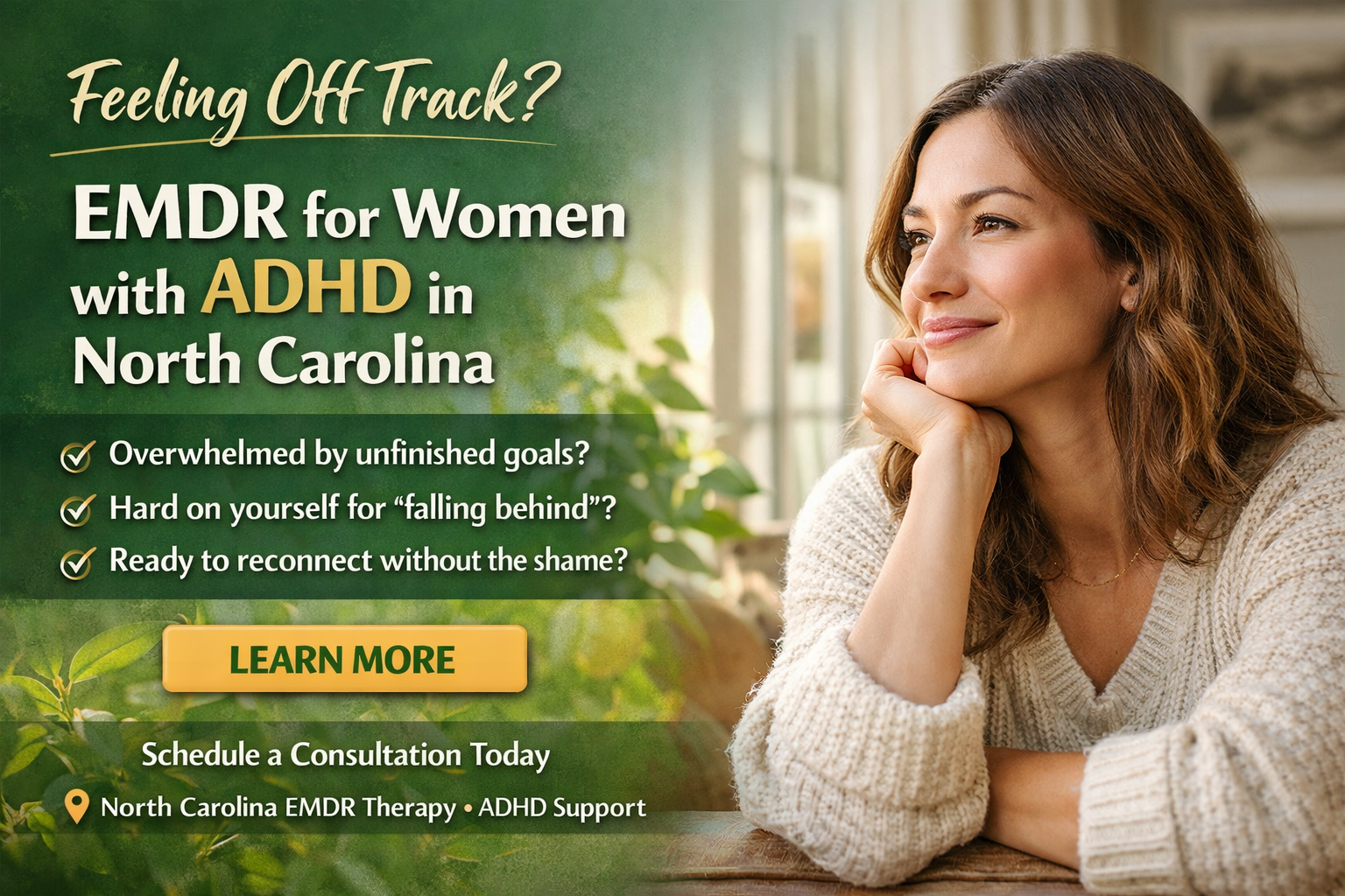 ADHD woman after EMDR therapy resting arms on counter and staring out the window with a smile on her face.