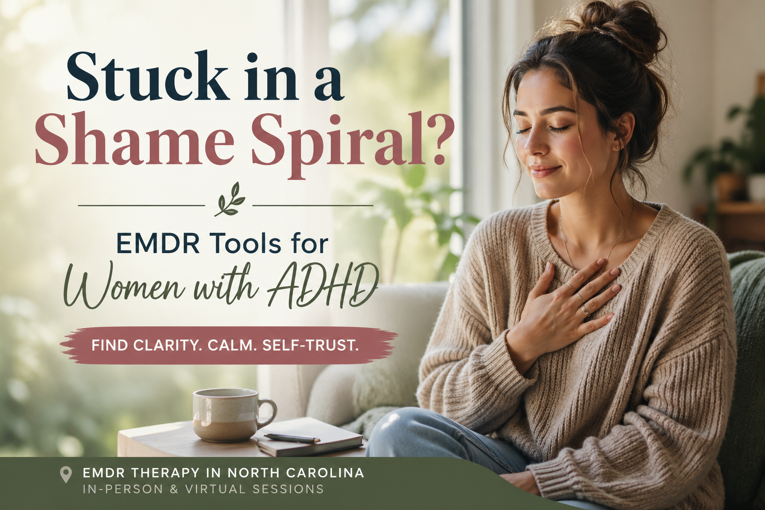 “EMDR therapy for women with ADHD in North Carolina managing shame cycle with closed eyes and hand on heart while sitting on couch.