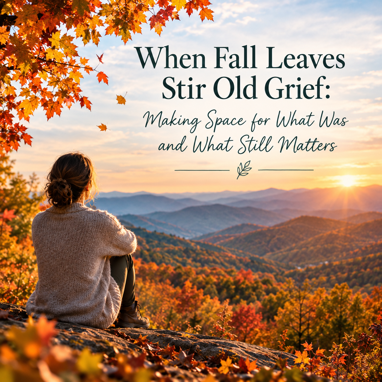 ADHD woman after EMDR therapy in North Carolina meditating on what still matters out of what was while sitting on a leaf covered hill overlooking a mountainous sunrise.