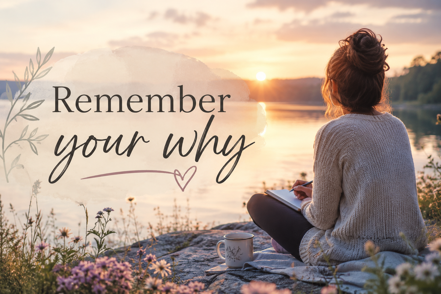 ADHD woman after EMDR therapy in North Carolina journaling her why while overlooking a sunrise by the lake with a hot beverage by her side and surrounded by purple wild flowers.