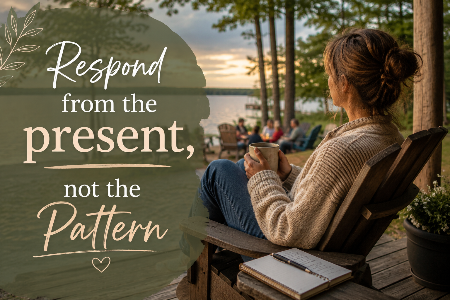 ADHD Woman after EMDR therapy in North Carolina navigating family vacation with time to herself, sitting in a wooden chair holding a mug on the porch looking out toward the lake during a sunset with a campfire in the distant background.