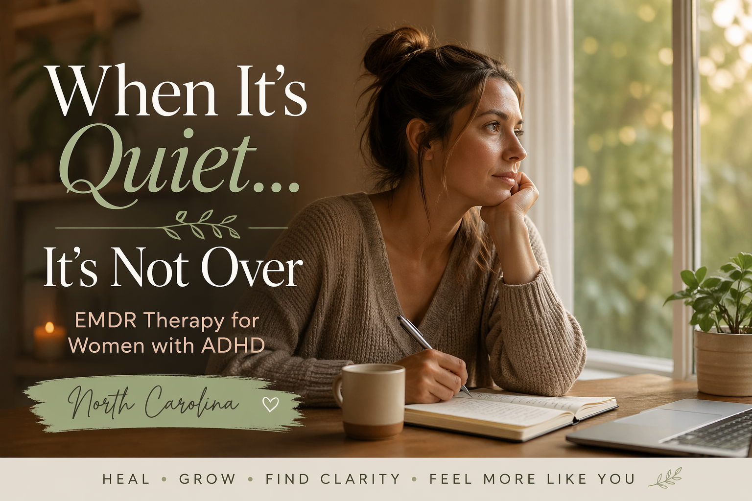 ADHD woman looking out window with notepad and pen needing EMDR therapy