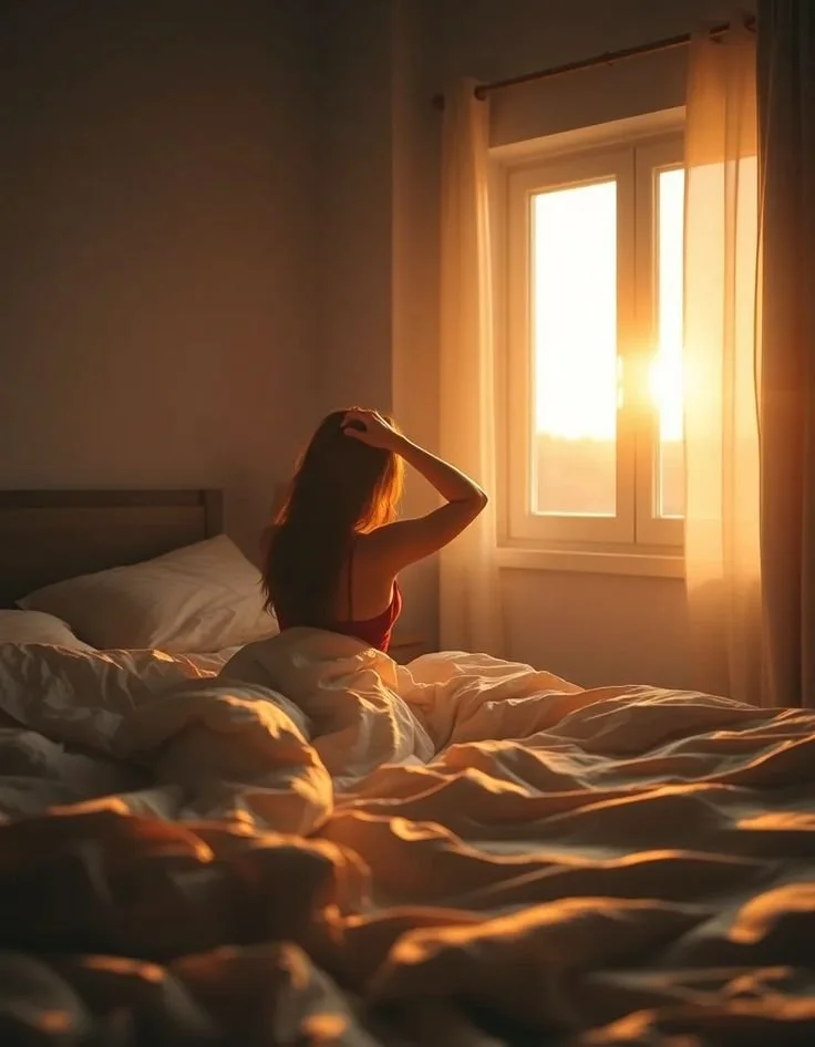 sensory overwhelmed ADHD woman sitting up on the edge of her bed looking at the bright sun with her hands on her head.