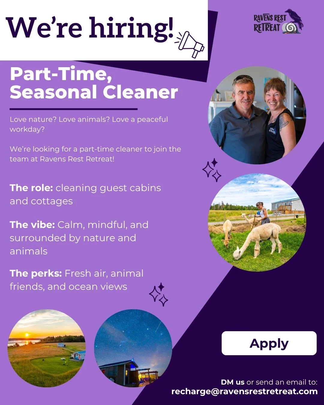 Hey there! Do you love nature,  animals, and a peaceful workday? Ravens Rest Retreat might be the place for you!

We&rsquo;re looking for a part-time seasonal cleaner to join the team this upcoming summer!! If this sounds like something for you, send