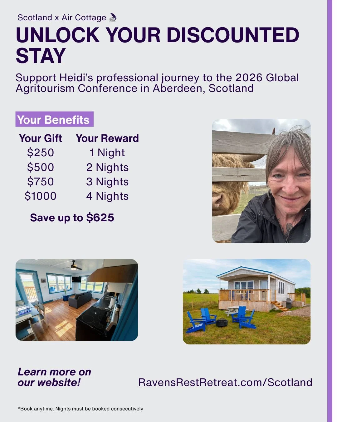 Save on your stay at Air Cottage by supporting us in sending Heidi to Scotland for the 2026 Global Agritourism Conference, happening this June!! 

In gratitude for your contribution, we are offering an exclusive opportunity to secure a future stay in
