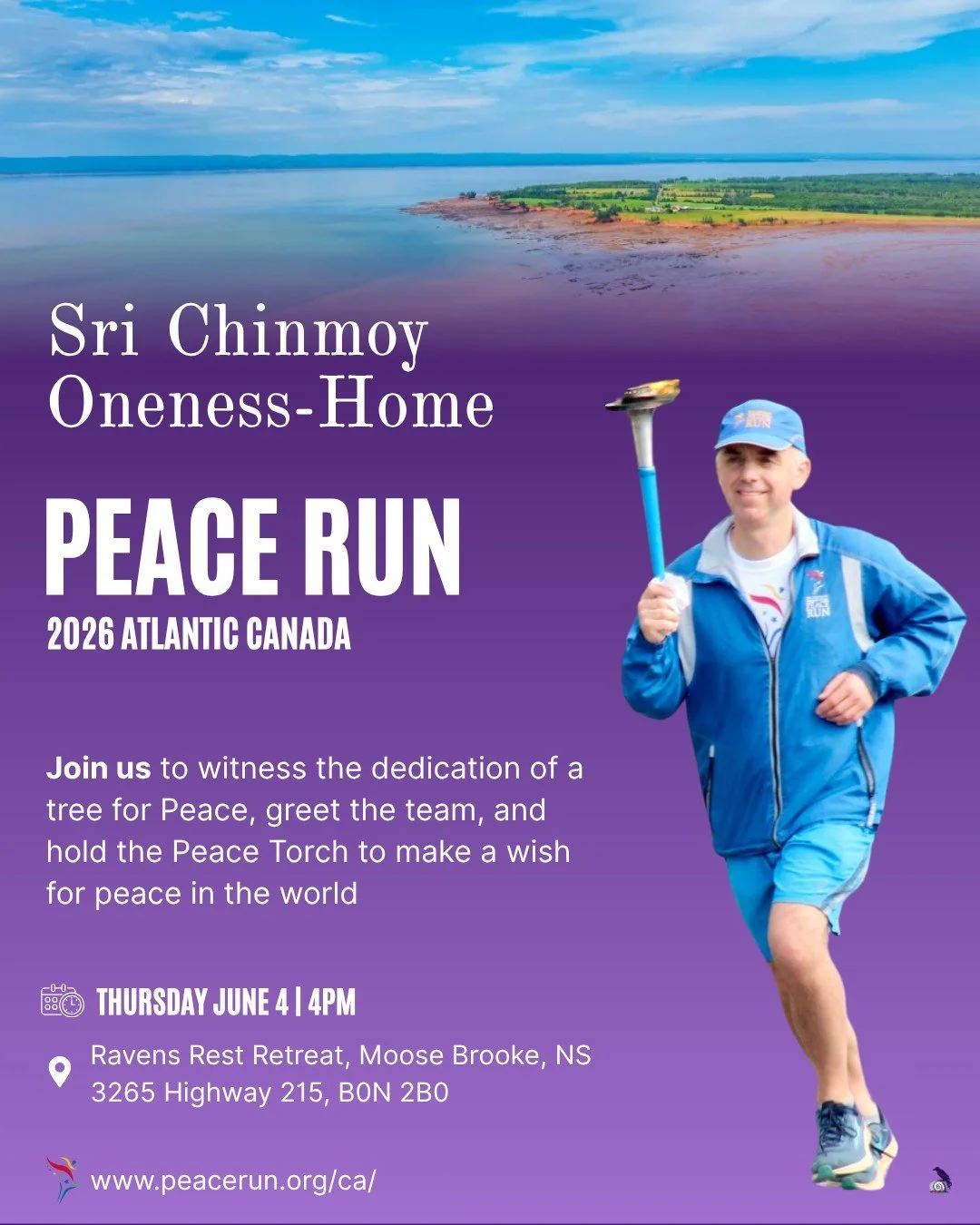 Got plans this Thursday, June 4th at 4pm Atlantic time?? Come join us at Ravens Rest Retreat to witness the dedication of a tree for Peace, greet the team and hold the Peace Torch to make a wish for peace in the world.

For over 30 years the Peace Ru