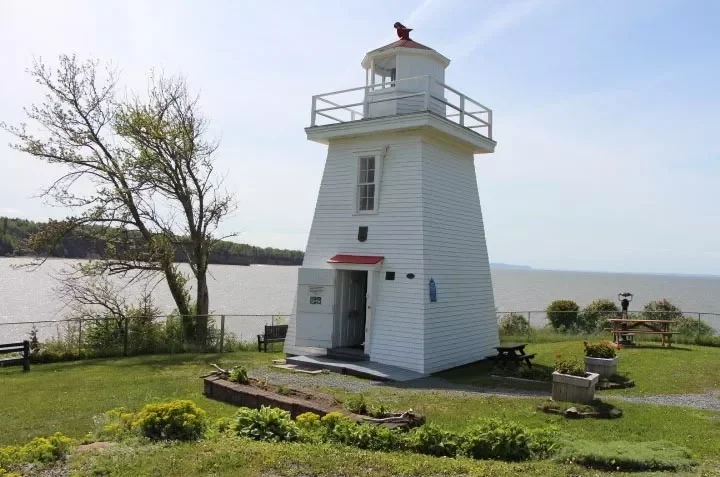 White lighthouse with red roof on a grassy area near the water, with a tree, benches, and flower beds in foreground.