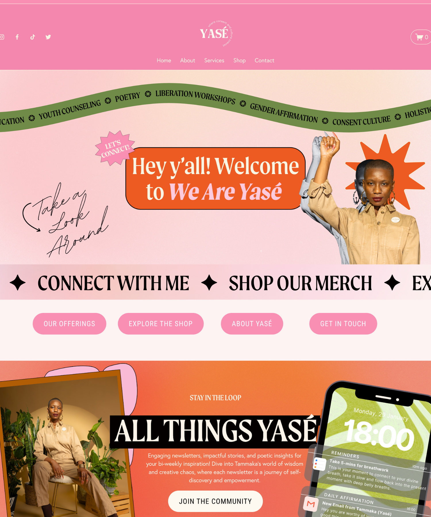 Screenshot of YASÉ website homepage with a pink background, featuring a woman in beige clothing, various navigation buttons, and promotional content about empowerment, workshops, and newsletters.