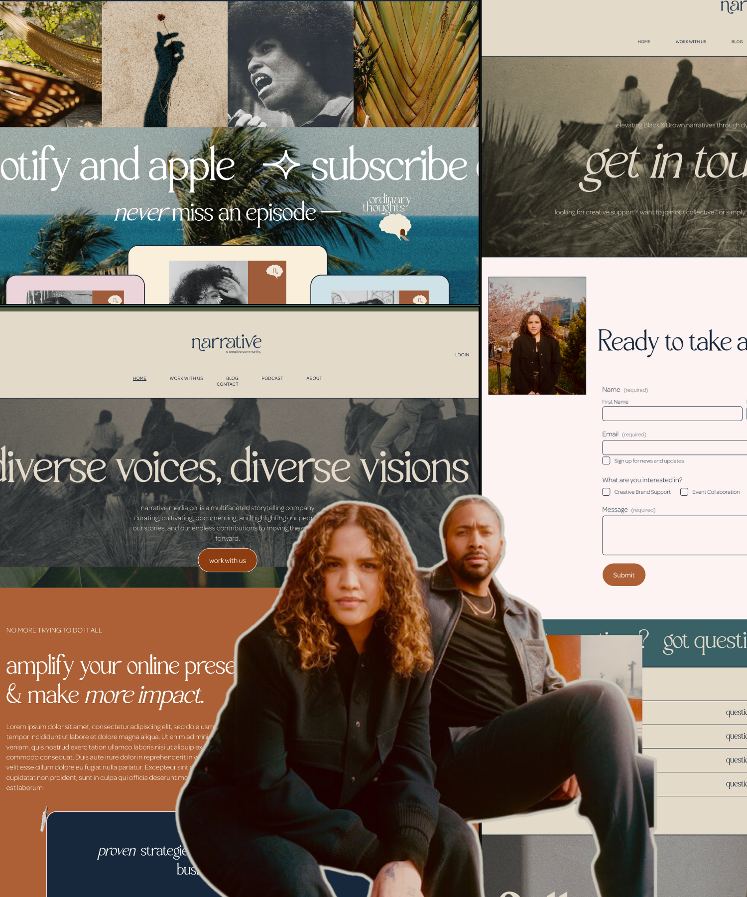 A collage of multiple website screenshots and two people cutouts in the foreground, including nature scenes, a person holding a flower, and various text elements.
