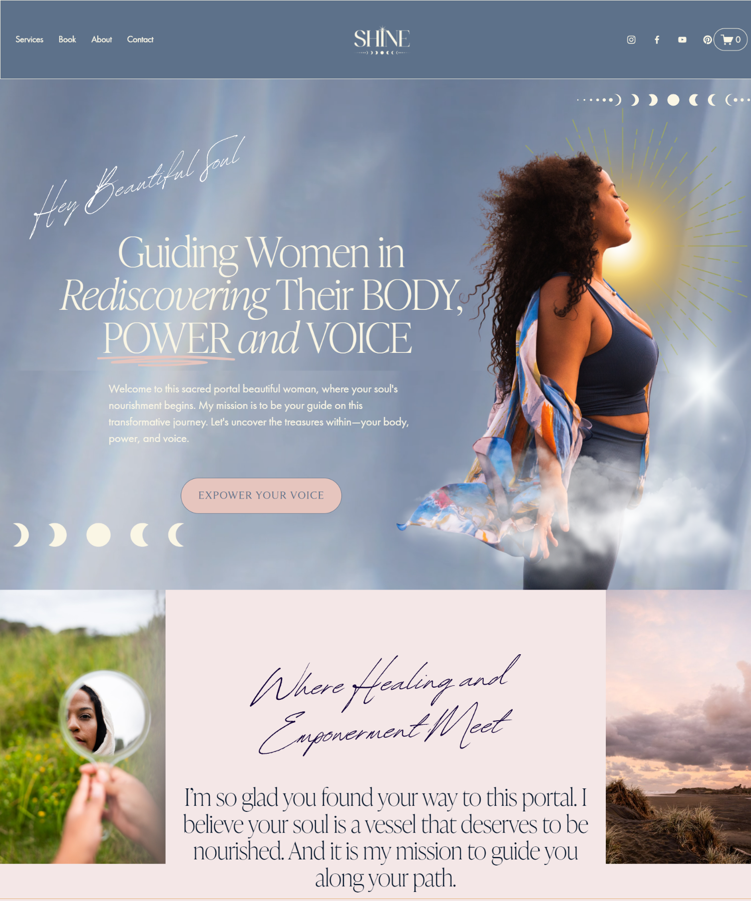 Website homepage welcoming women to a portal focused on discovering their body, power, and voice, featuring a woman with curly hair facing the sun, with celestial moon phases and soft pastel design elements.