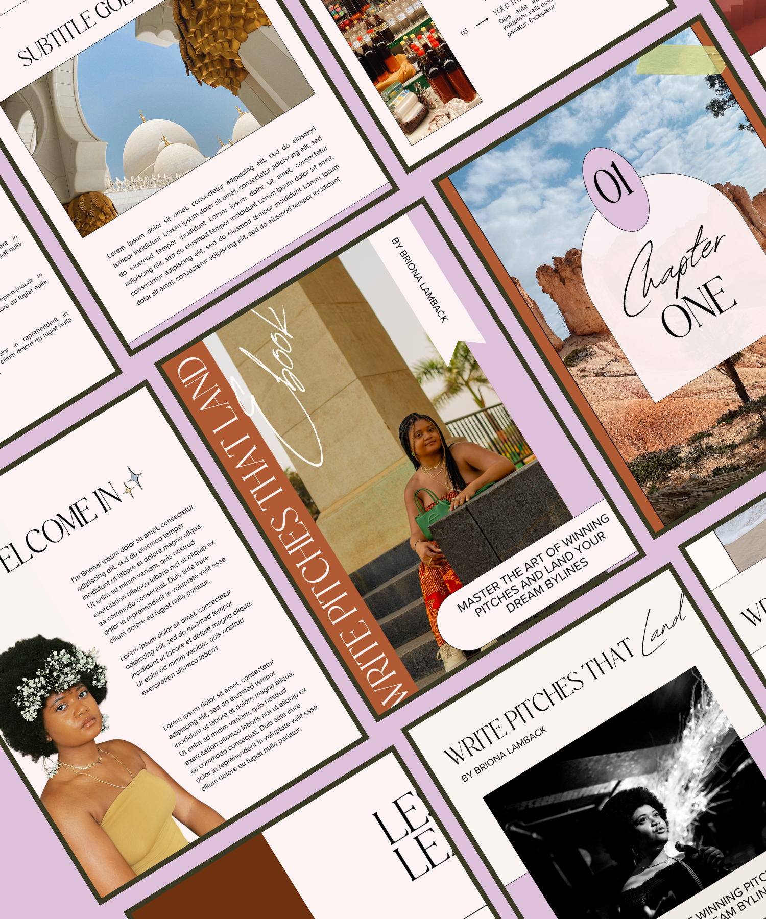 Collage of magazine pages and social media posts showcasing various themes including travel, fashion, makeup, leadership, and creative writing, with pictures of women, landscapes, and products.