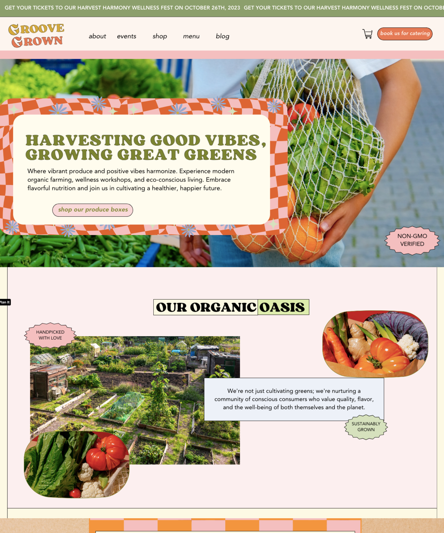 The webpage of Groove Grown, an organic farm, featuring fresh produce such as tomatoes, lettuce, carrots, garlic, and cauliflower, with a focus on sustainable and eco-conscious farming practices.
