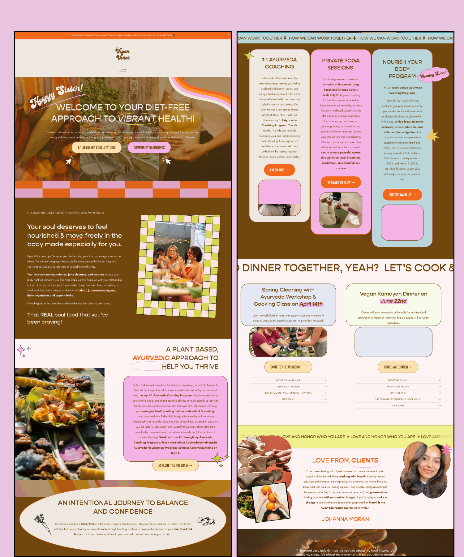 A multi-section webpage displaying a vegan and Ayurveda health-related theme, including information on diet, wellness programs, cooking workshops, dinner events, and client testimonials, with colorful headers, images, and call-to-action buttons.