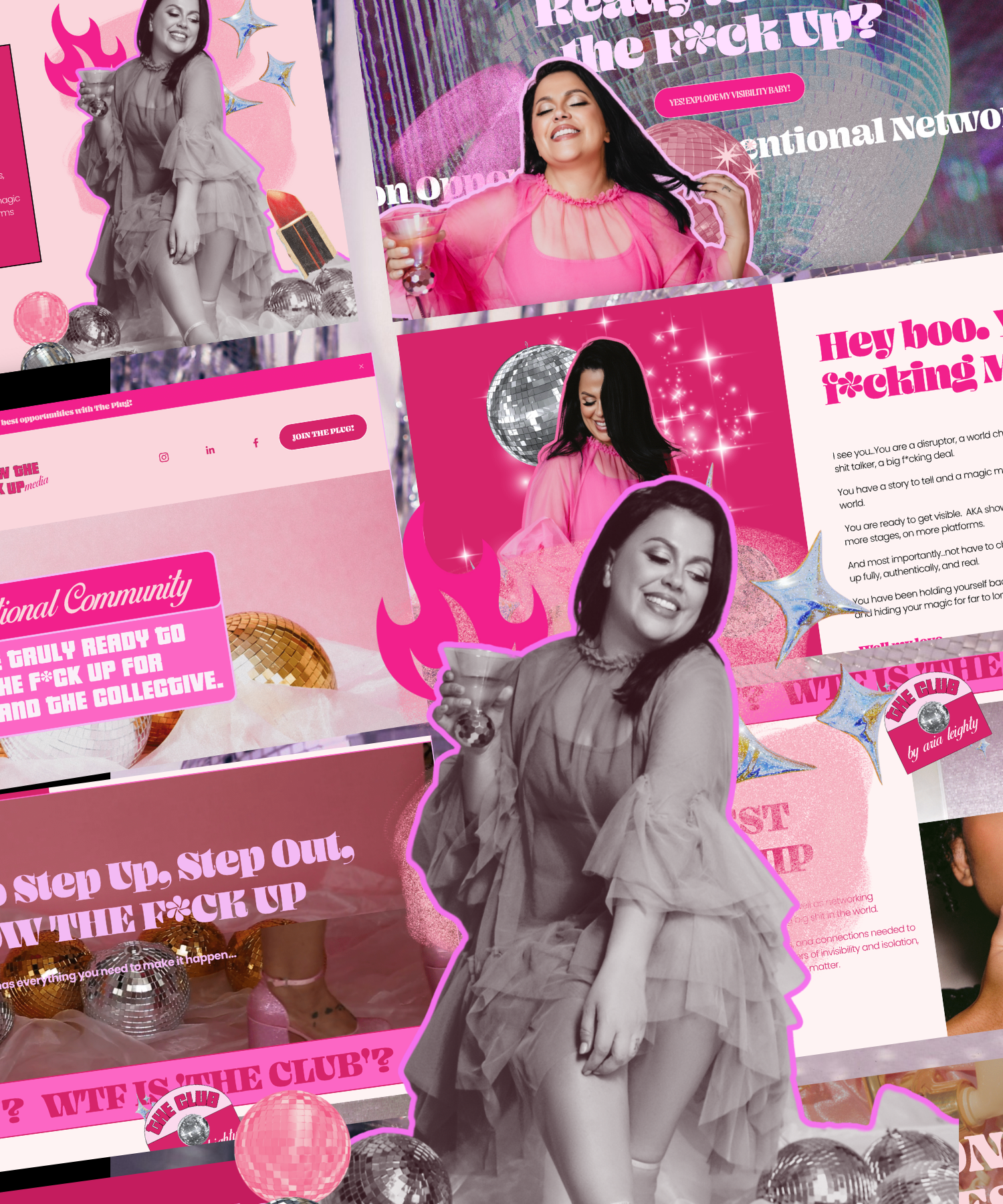 Collage of promotional images featuring women celebrating at a club-themed party with pink and disco ball decorations, holding drinks, with bold pink and white text, including phrases like "WTF is the club?" and "Step Up, Step Out."