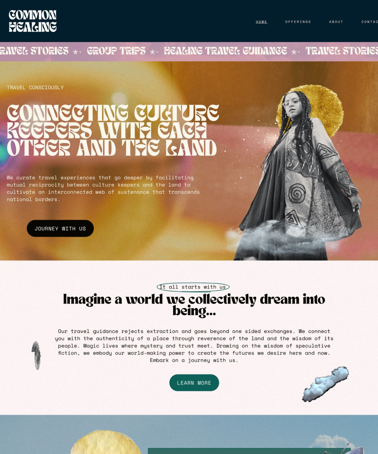 Homepage of a website titled 'Common Healing' with colorful, artistic background. Features a woman in traditional attire, with text about connecting culture, land, and healing travel guidance.