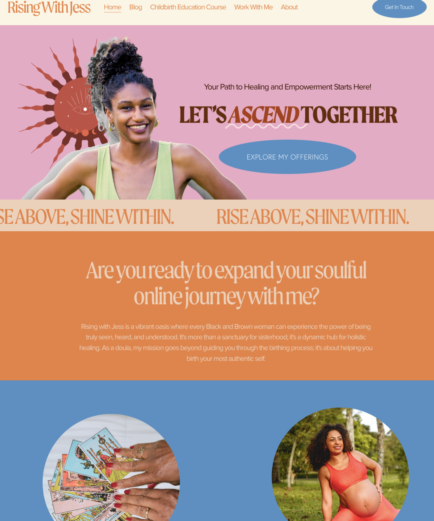 Website homepage for Rising With Jess with a woman smiling, tarot cards, and a pregnant woman.