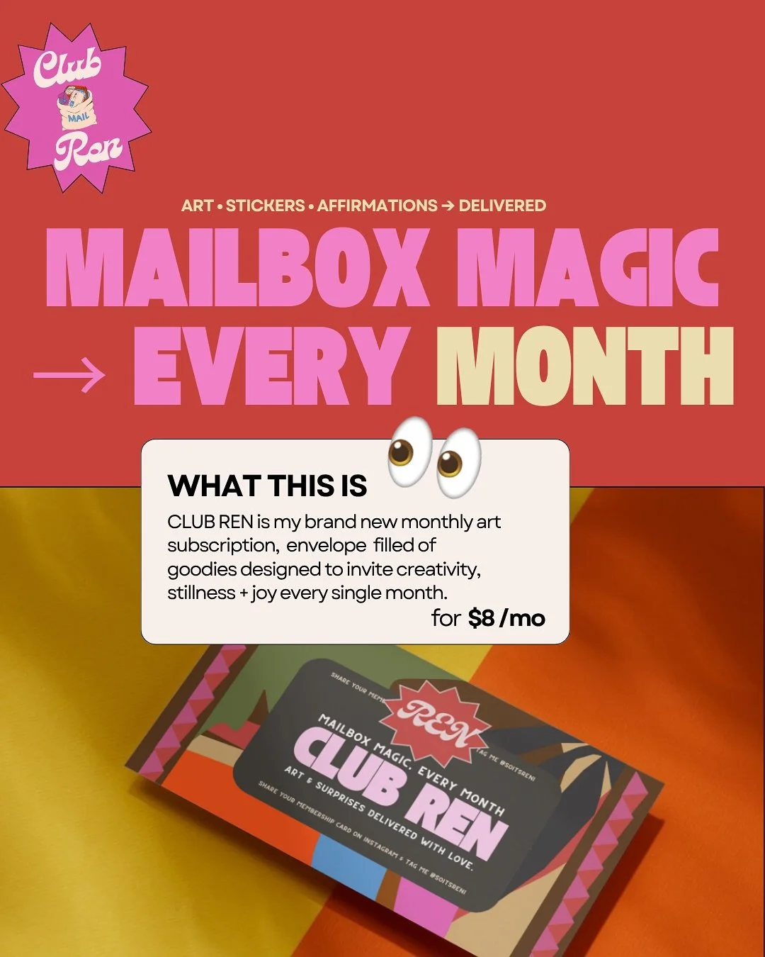 I think we all could use some mo&rsquo; joy up in here, right? 😮&zwj;💨

💌 CLUB REN is exactly that: a monthly envelope of art, affirmations, challenges and little treasures designed to add sparks of joy, ease, and intention into your life. I belie