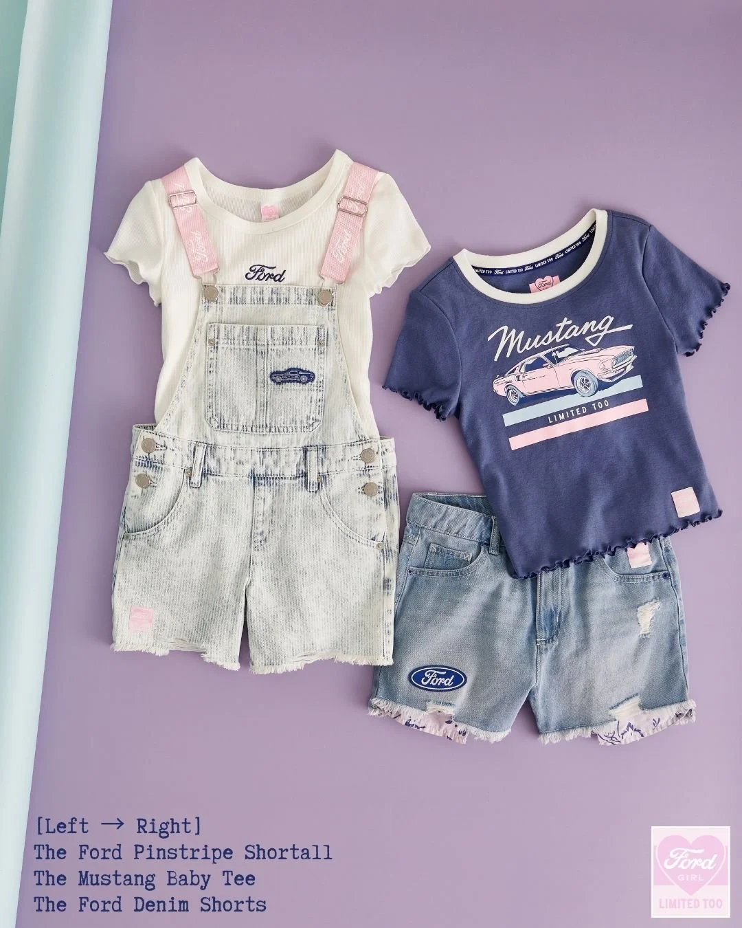 Built Ford tough. Styled Limited Too cute.

Product Deets:
⭐️ The Ford X LTD2 Pinstripe Short-all
⭐️ The Ford X LTD2 Mustang Baby Tee
⭐️ The Ford X LTD2 Denim Shorts