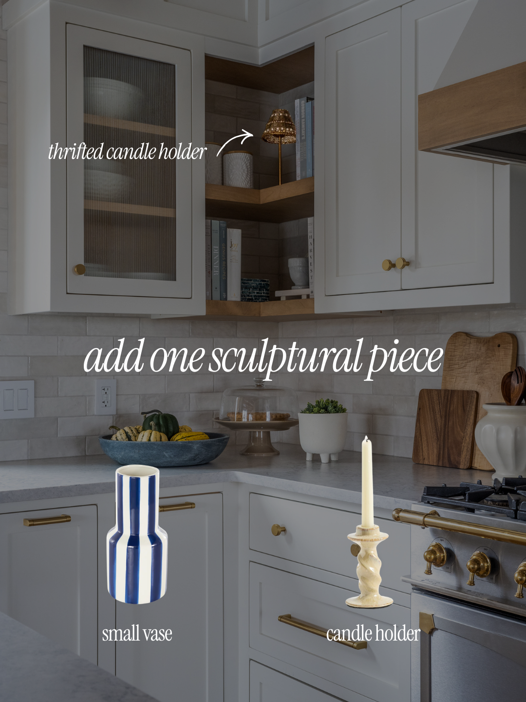 open kitchen shelf with sculptural candle holder and stacked books