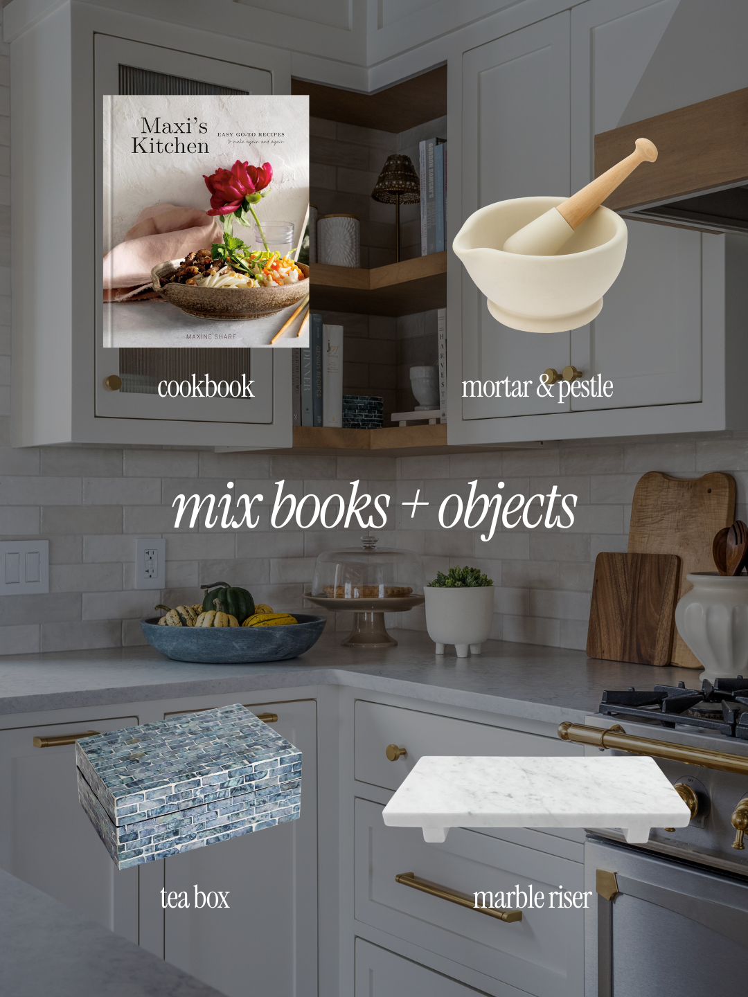 open kitchen shelf styling with cookbooks and decorative objects
